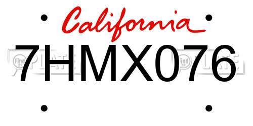 7HMX076 California License Plate