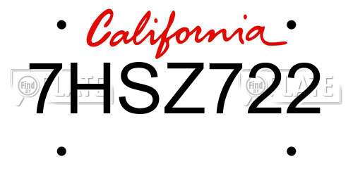 7HSZ722 California License Plate