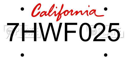 7HWF025 California License Plate