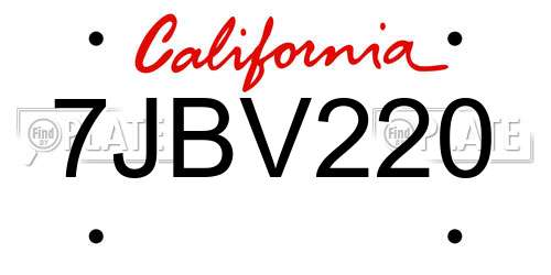 7JBV220 California License Plate