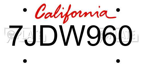 7JDW960 California License Plate