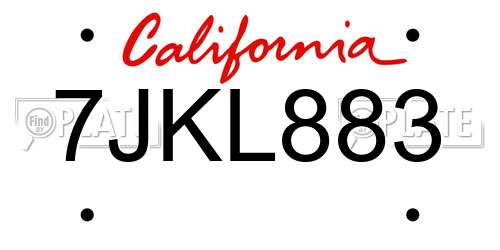 7JKL883 California License Plate