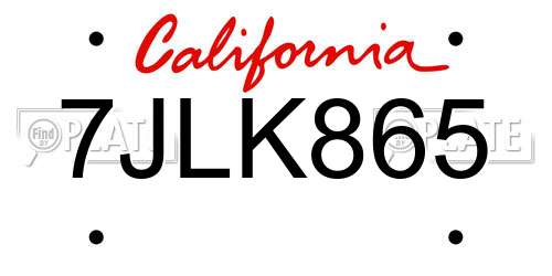 7JLK865 California License Plate