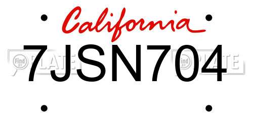 7JSN704 California License Plate