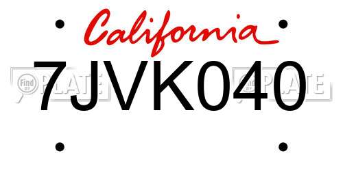 7JVK040 California License Plate