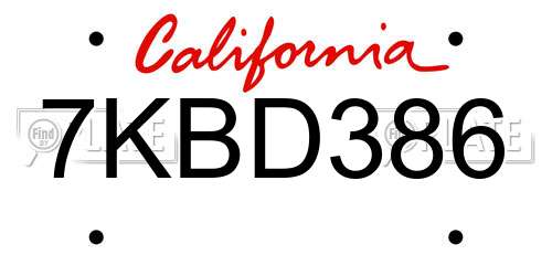 7KBD386 California License Plate