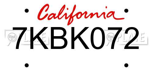 7KBK072 California License Plate