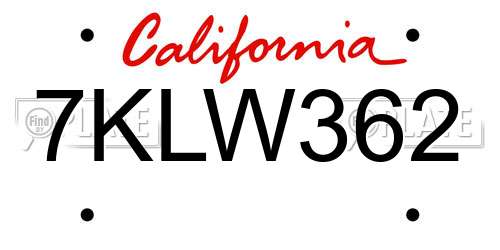 7KLW362 California License Plate