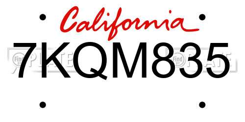 7KQM835 California License Plate