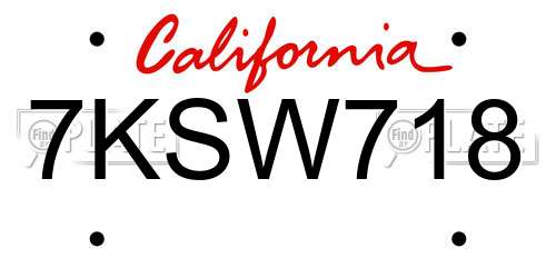 7KSW718 California License Plate