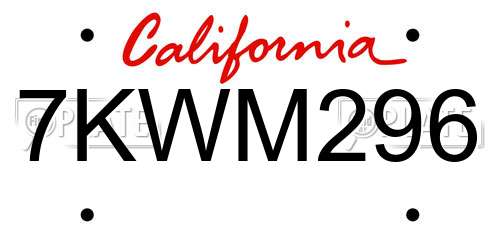 7KWM296 California License Plate