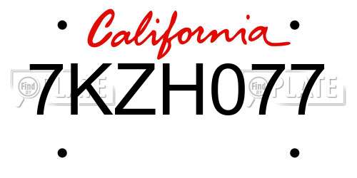 7KZH077 California License Plate