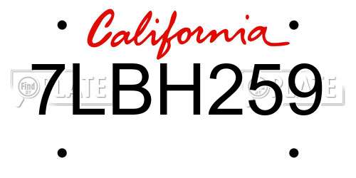 7LBH259 California License Plate