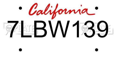 7LBW139 California License Plate