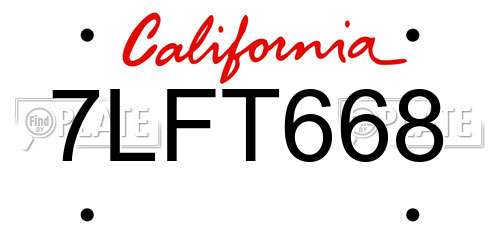 7LFT668 California License Plate
