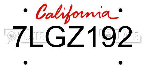 7LGZ192 California License Plate
