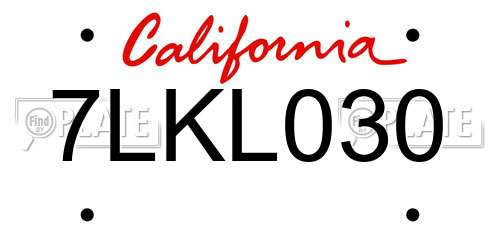7LKL030 California License Plate