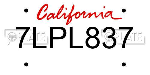 7LPL837 California License Plate