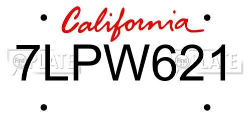7LPW621 California License Plate