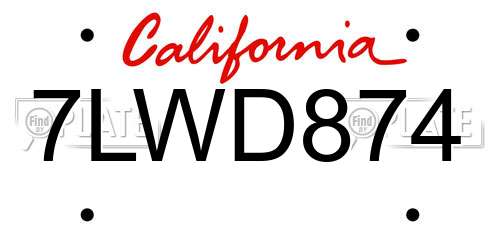 7LWD874 California License Plate