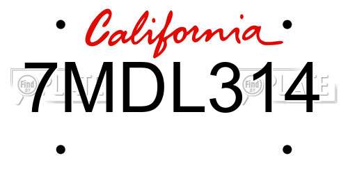 7MDL314 California License Plate