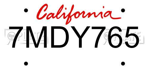 7MDY765 California License Plate