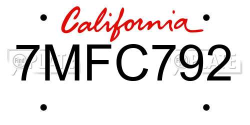 7MFC792 California License Plate
