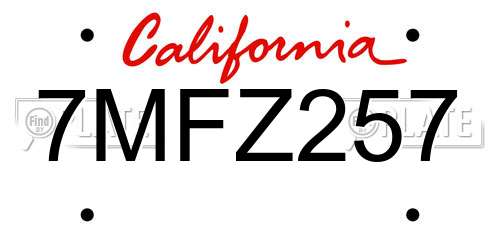 7MFZ257 California License Plate
