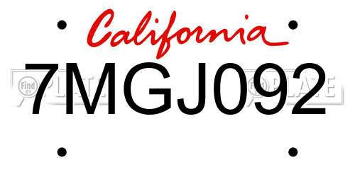 7MGJ092 California License Plate
