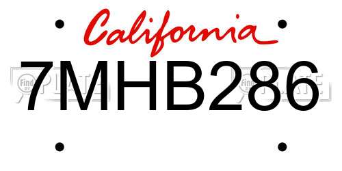 7MHB286 California License Plate