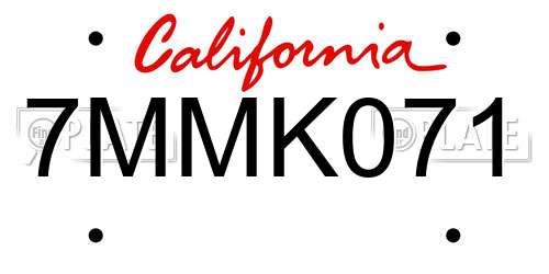 7MMK071 California License Plate