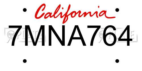 7MNA764 California License Plate