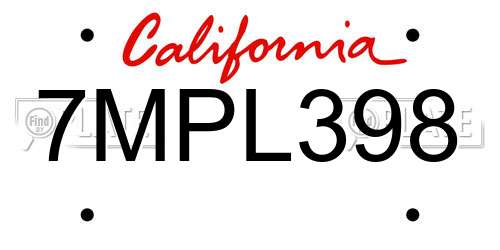 7MPL398 California License Plate
