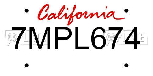 7MPL674 California License Plate