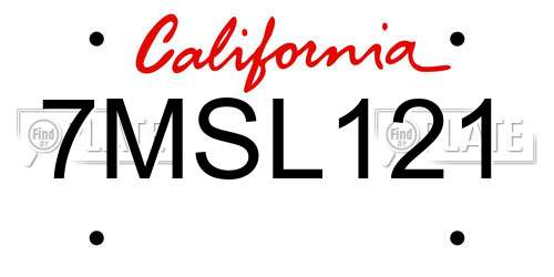 7MSL121 California License Plate