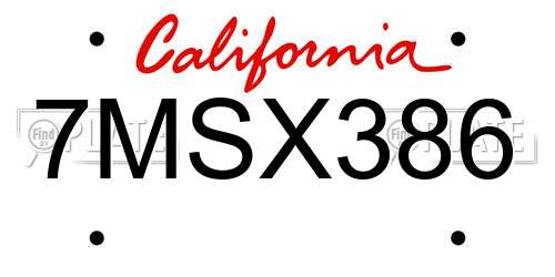7MSX386 California License Plate