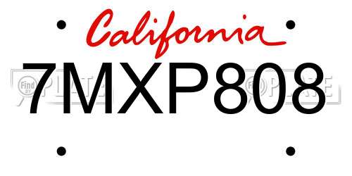 7MXP808 California License Plate