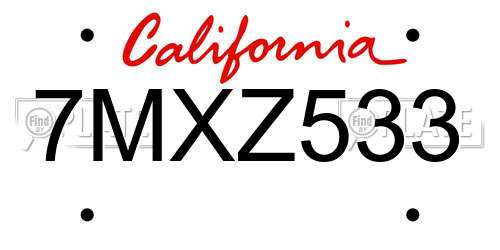 7MXZ533 California License Plate