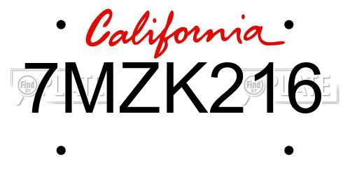 7MZK216 California License Plate