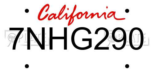 7NHG290 California License Plate
