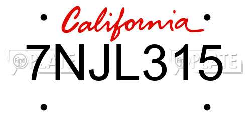 7NJL315 California License Plate