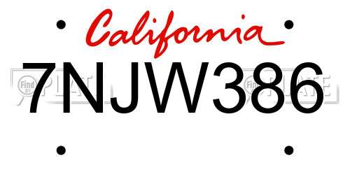 7NJW386 California License Plate