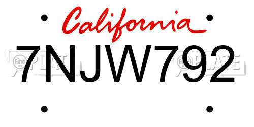 7NJW792 California License Plate