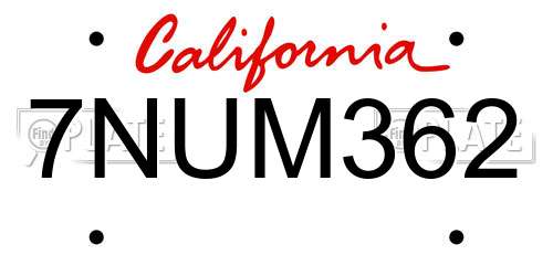 7NUM362 California License Plate