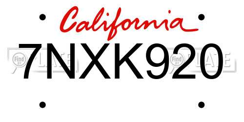 7NXK920 California License Plate