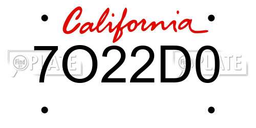 7O22D0 California License Plate