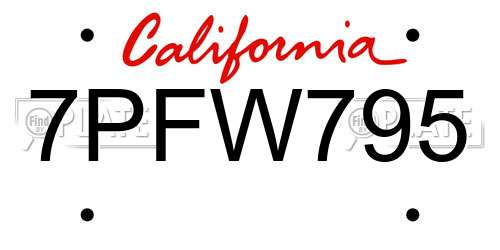 7PFW795 California License Plate