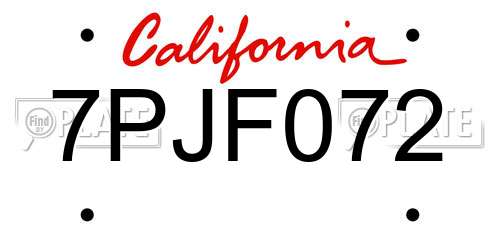 7PJF072 California License Plate