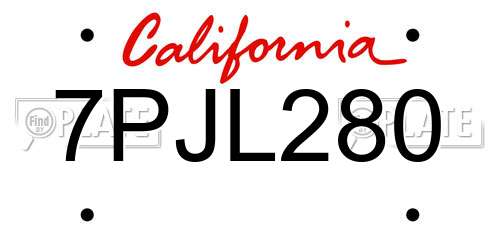 7PJL280 California License Plate