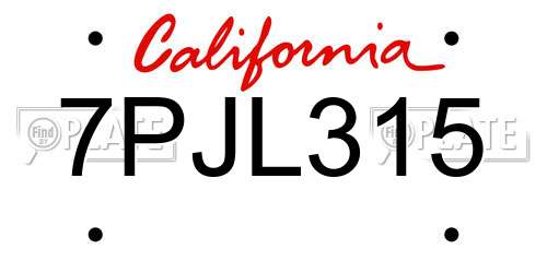 7PJL315 California License Plate